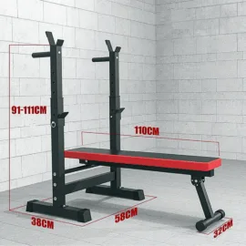 Dimensions of a flat bench with an attached rack.