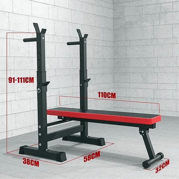 Dimensions of a flat bench with an attached rack.