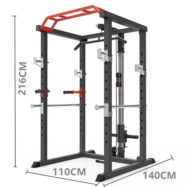 Squat Cage Power Rack with LAT Pull-Down Attachment, Multi-Grip Pull-up Bar, and Dip Handle for Home Gym Equipment