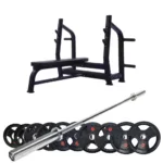 Weight bench with barbell and weight plates set.