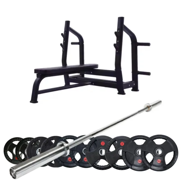 大举重床&杆&大孔红字片 Weight bench with barbell and weight plates set.