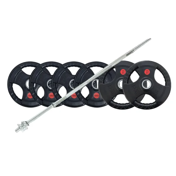 Barbell set with six weight plates and a metal bar.