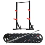 Black squat rack with red supports, barbell, and multiple black weight plates.
