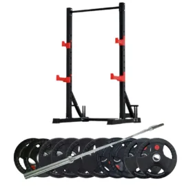 Black squat rack with red supports, barbell, and multiple black weight plates.