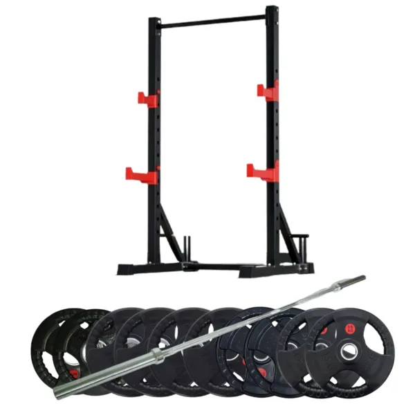 Black squat rack with red supports, barbell, and multiple black weight plates.