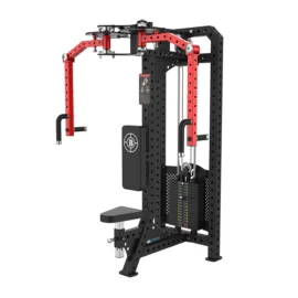 Black and red pec deck machine with weight stack for chest and shoulder workouts.