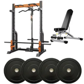 Smith machine with adjustable bench and bumper weight plates for strength training.