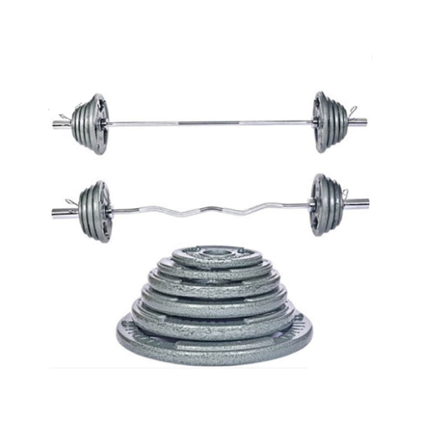 two standard-size barbells (Curl and Straight) and 65KG metal weights. 