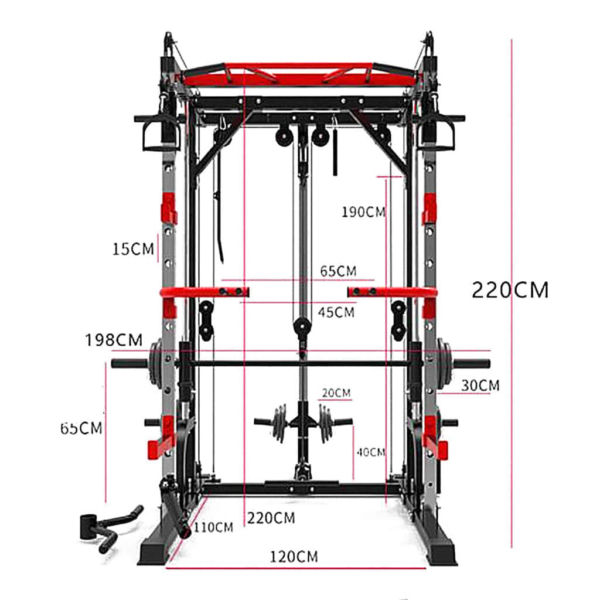 Measurements of a red and silver coloured Smith Machine with Crossover Cable