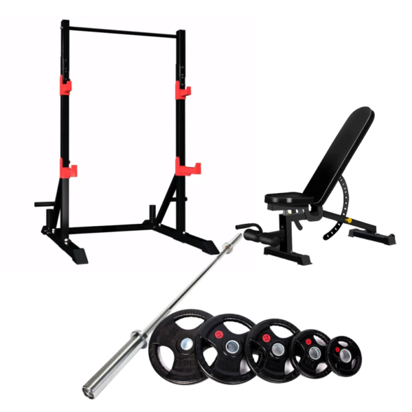 squat rack with bench and weights set