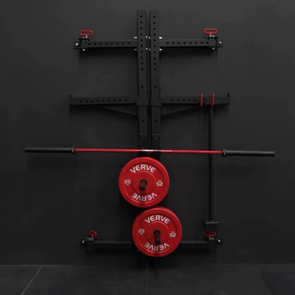 Multi-function squat rack with red weight plates
