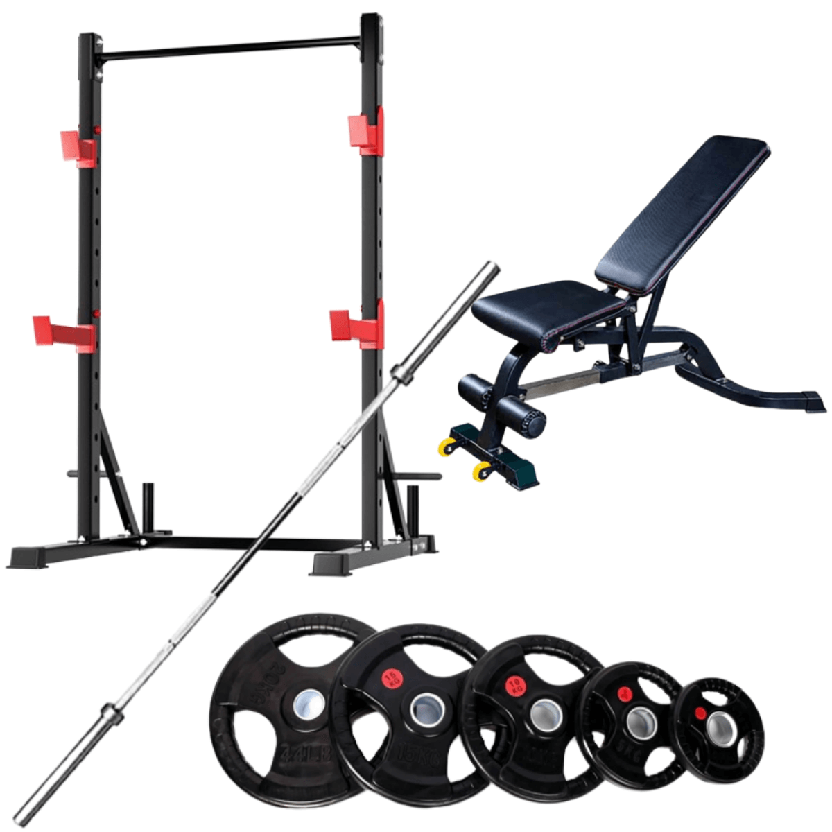 Squat Rack+Adjustable Bench+20kg Barbell+50kg Weights