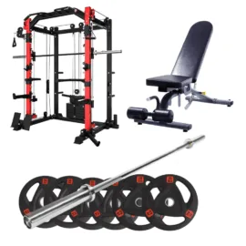 Complete home gym setup with red power rack, adjustable bench, barbell, and weight plates.