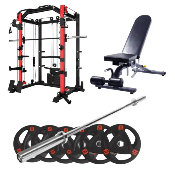 K1 & anytime & 弯刀 & 500lb 20kg (4) Complete home gym setup with red power rack, adjustable bench, barbell, and weight plates.