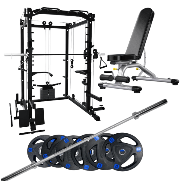 smith machine with 90kg weights plus adjustable bench