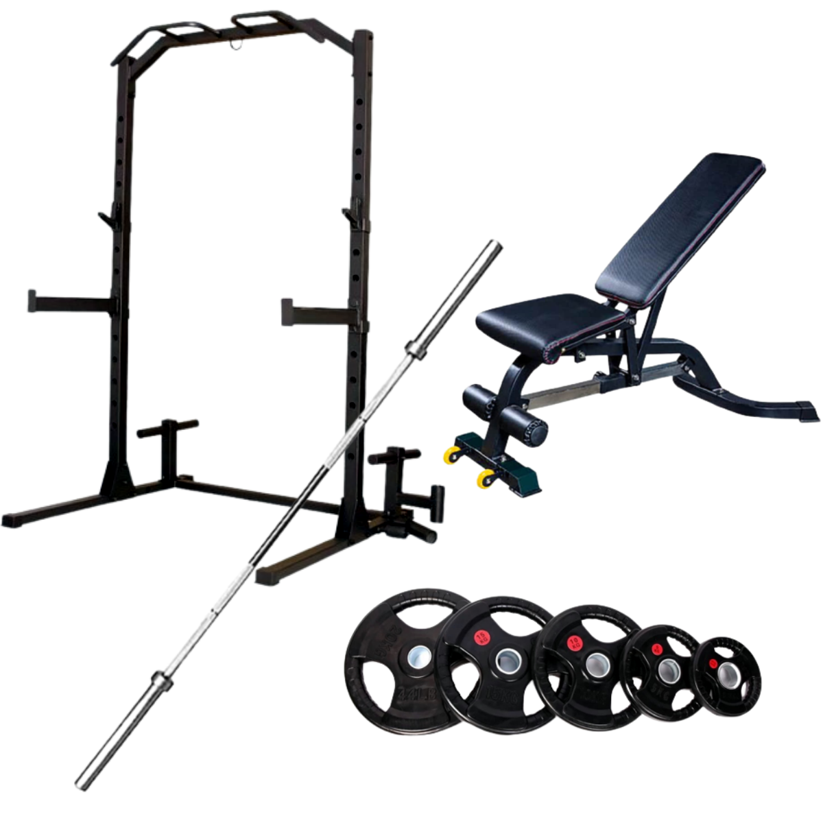 Squat Rack+Adjustable Bench+15kg Barbell+50kg Weights