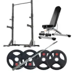 Complete strength training set with squat rack, adjustable bench, barbell, and weight plates.