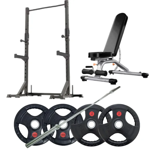 Complete strength training set with squat rack, adjustable bench, barbell, and weight plates.