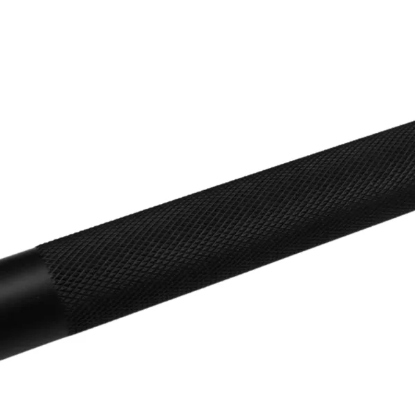 Close-up of a black textured barbell handle on a white background.