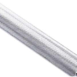 Silver handle detail of a 1.5-meter barbell.