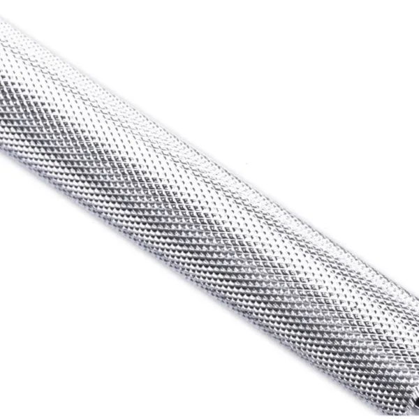 Silver handle detail of a 1.5-meter barbell.