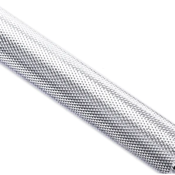 Silver handle detail of a 1.5-meter barbell.