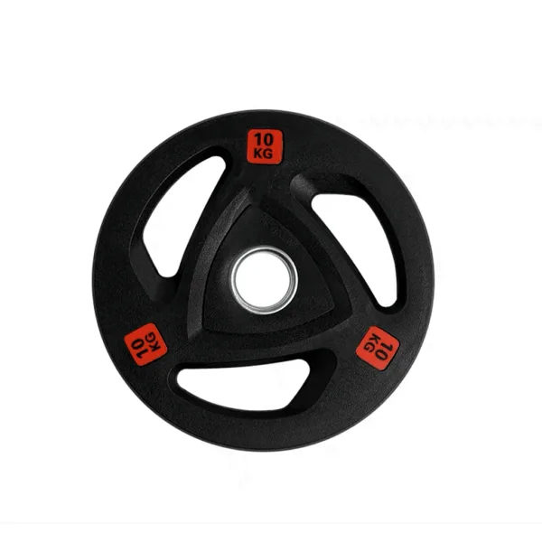 Black 10 kg weight plate with red markings and three cutouts.