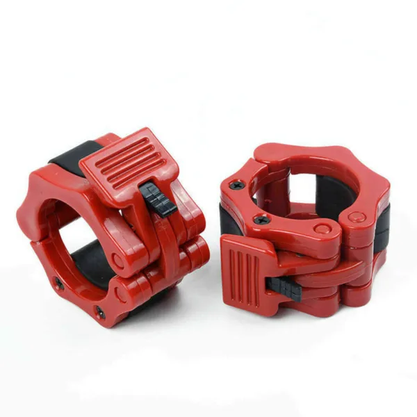 Red barbell collar clamps on a white background.