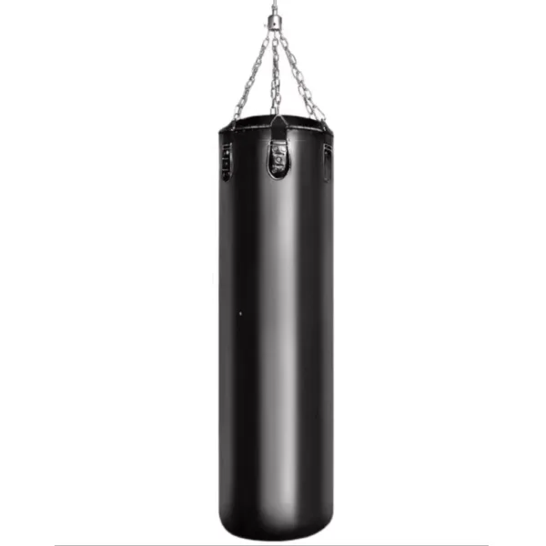 Black heavy punching bag with hanging chains for boxing and kickboxing training.