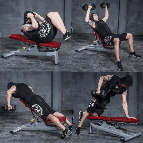 Display of the commercial weights bench demonstrating its workout functions.