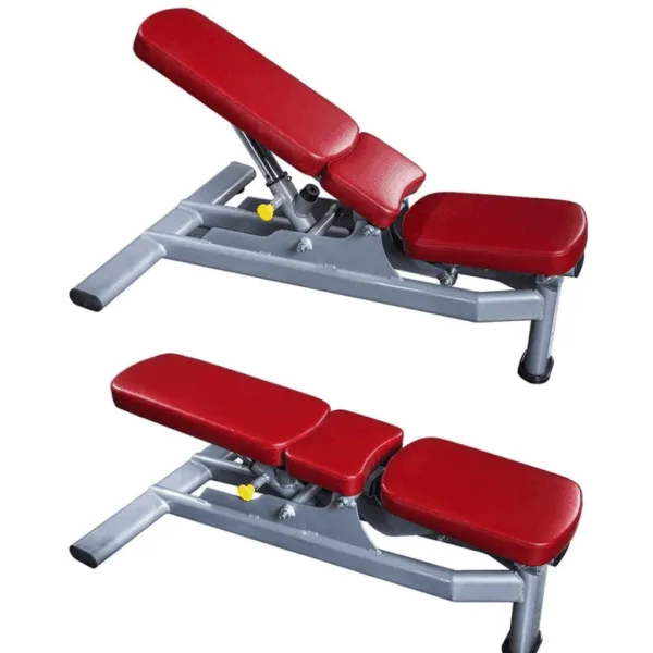 Display showcasing the incline and flat positions of the commercial weights bench.
