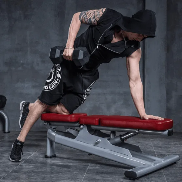 Display of a commercial weights bench showcasing workout functions.