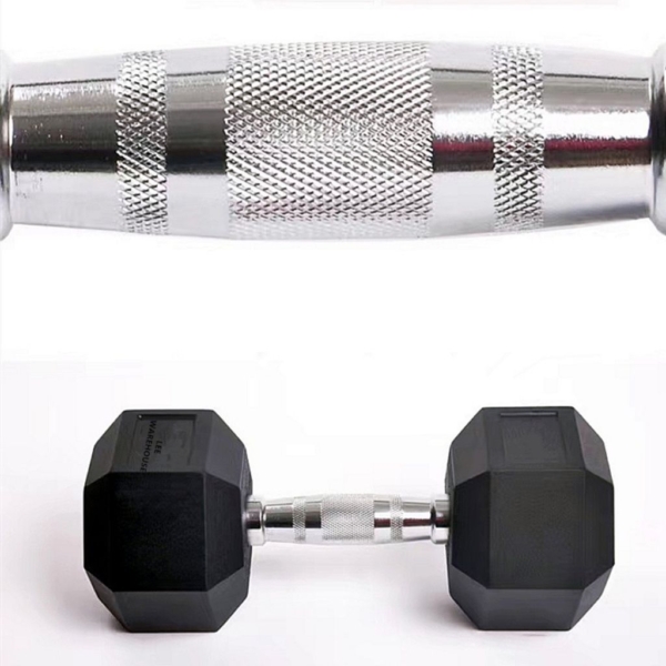 Silver dumbbell handle and logo