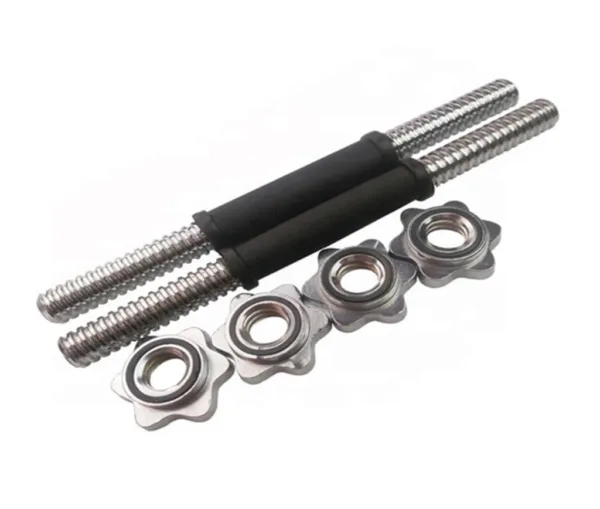 Pair of dumbbell rods with rubber grips for comfortable and secure lifting.