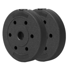 Pair of black round weight plates with smooth finish and center holes.