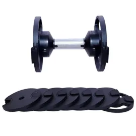 A black dumbbell and a set of chrome weight plates