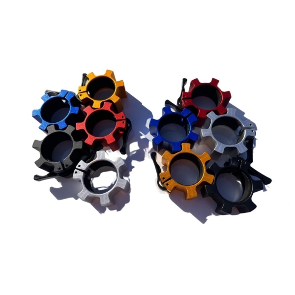 A set of olympic barbell collars in different colours