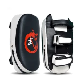 A white kick pad used for martial arts training.