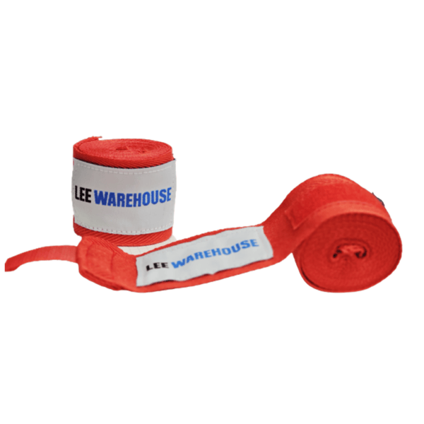 A pair of red boxing wraps used for hand protection during training.