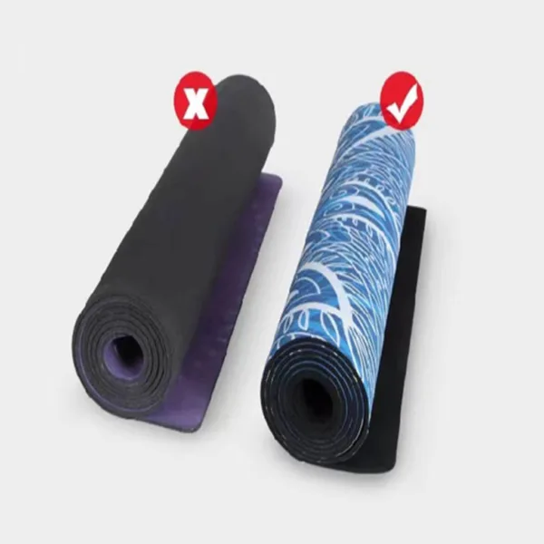 Step-by-step visual guide demonstrating the proper technique for rolling and storing a yoga mat.