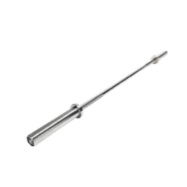 Olympic barbell with chrome finish designed for strength and power training.