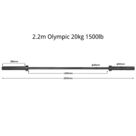 Check out the size and colorful design of our 2.2m Barbell with a 1500lb capacity in black.