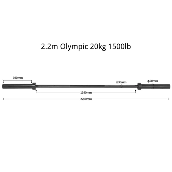 Check out the size and colorful design of our 2.2m Barbell with a 1500lb capacity in black.