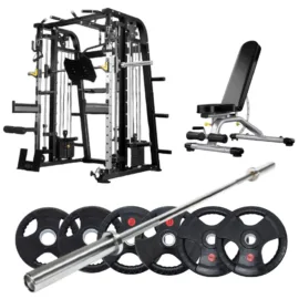 Full gym equipment set with Smith machine, adjustable bench, barbell, and weight plates.