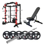 Complete Smith machine set with bench, barbell, and Olympic weight plates.