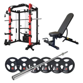Complete Smith machine set with bench, barbell, and Olympic weight plates.