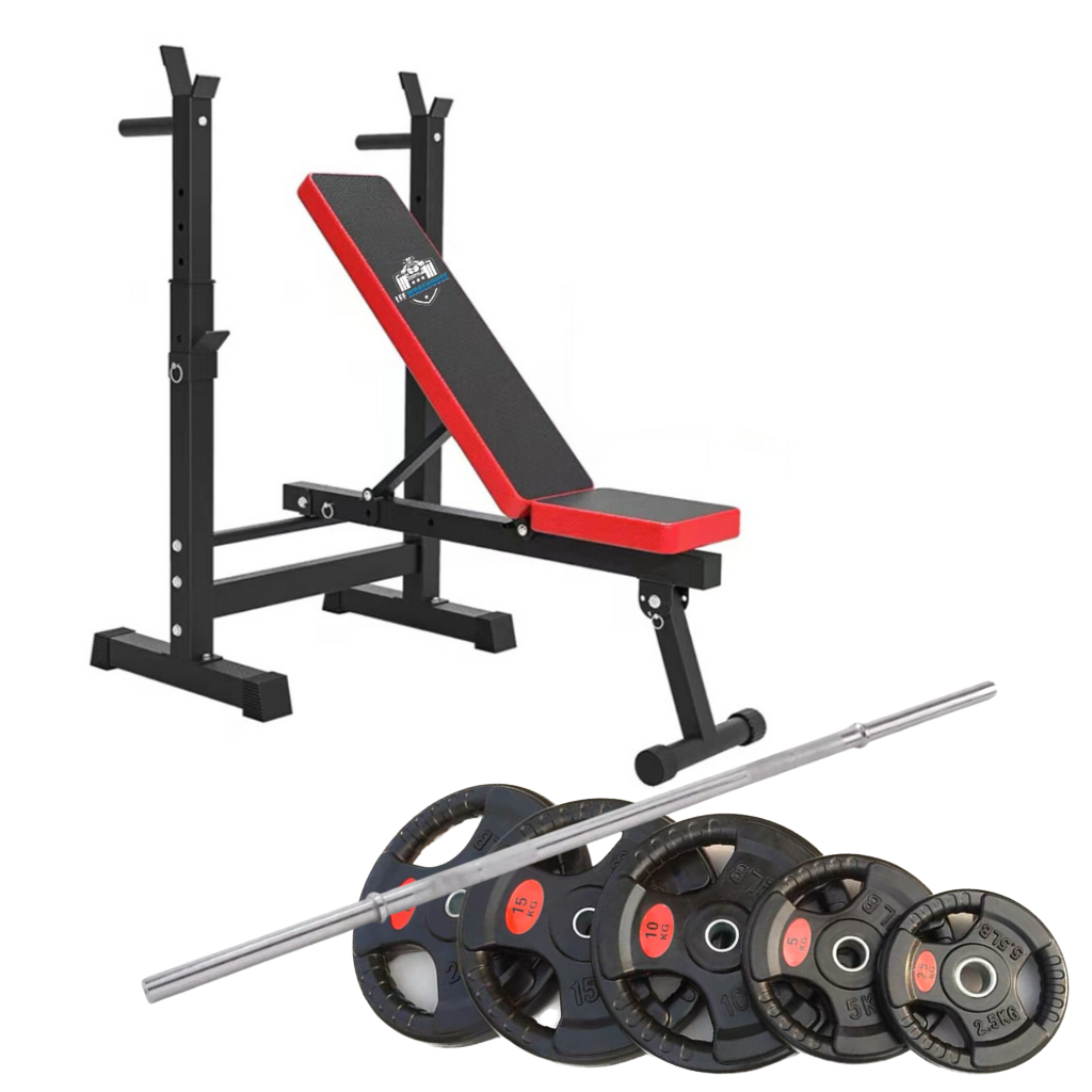 Adjustable Bench Press With Rack and barbell and weight plate