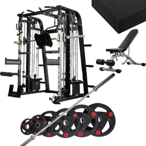 Smith machine with barbell set and flooring