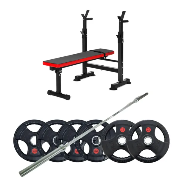 Weight bench set with red padding, barbell, and black weight plates for home training.