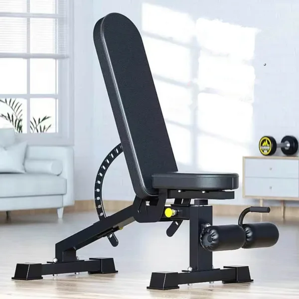 Adjustable weight bench in a bright home gym setting.
